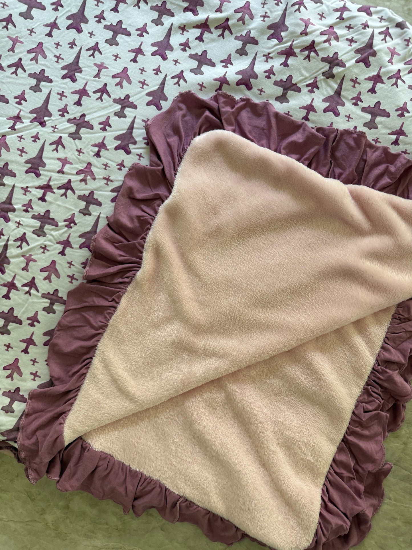 Pink Airplane Baby Blanket with Ruffle – 47” x 47” | Bamboo & Plush