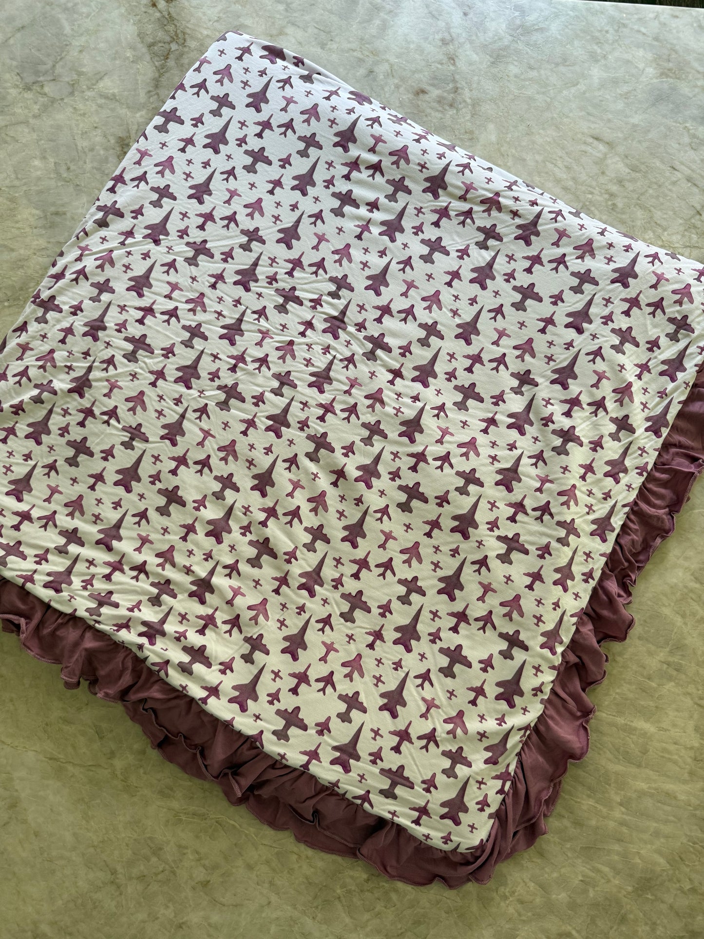 Pink Airplane Baby Blanket with Ruffle – 47” x 47” | Bamboo & Plush