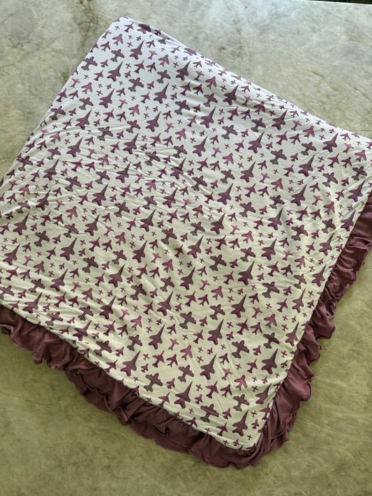 Pink Airplane Baby Blanket with Ruffle – 47” x 47” | Bamboo & Plush